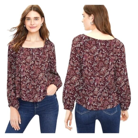 Loft Floral Square Neck Peplum Long Sleeve Blouse Size Large - Picture 1 of 12